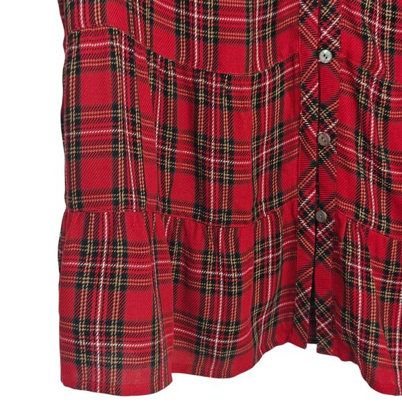 J Jill Tartan Plaid Top Size Medium Red Button Up Long Sleeve Ruffle Tiered - Picture 4 of 11